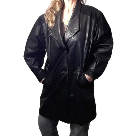Y2K Leather Coat TEXTURED DETAIL Size L BLACK Patterned Accents Oversized Snaps